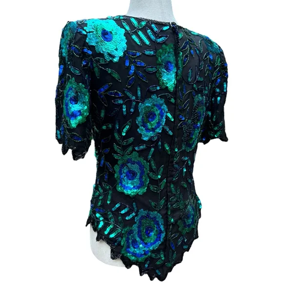 Laurence Kazar Vintage Sequin Silk Beaded Top Medium Floral Glam 80s 90s Party - Picture 13 of 15